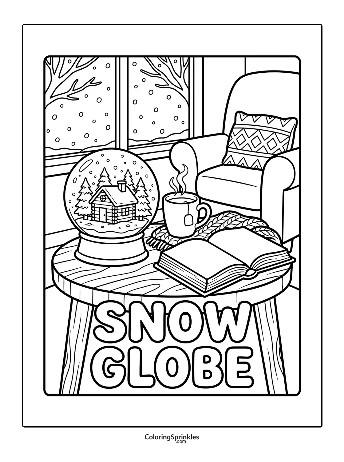 Coloring page of a snow globe with a cabin inside on a table in a cozy room