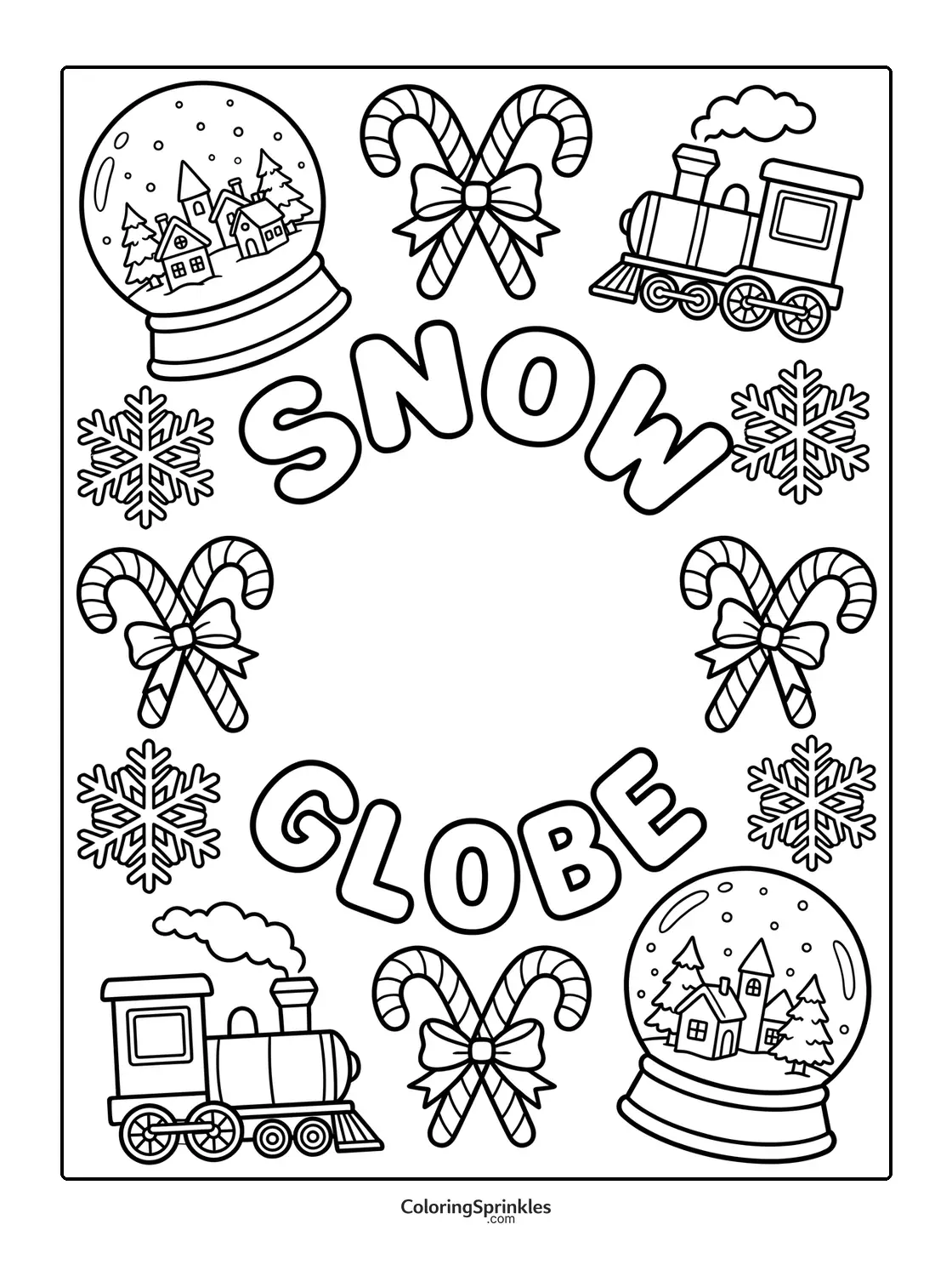 Coloring page of snow globes, candy canes, trains and snowflakes with snow globe text