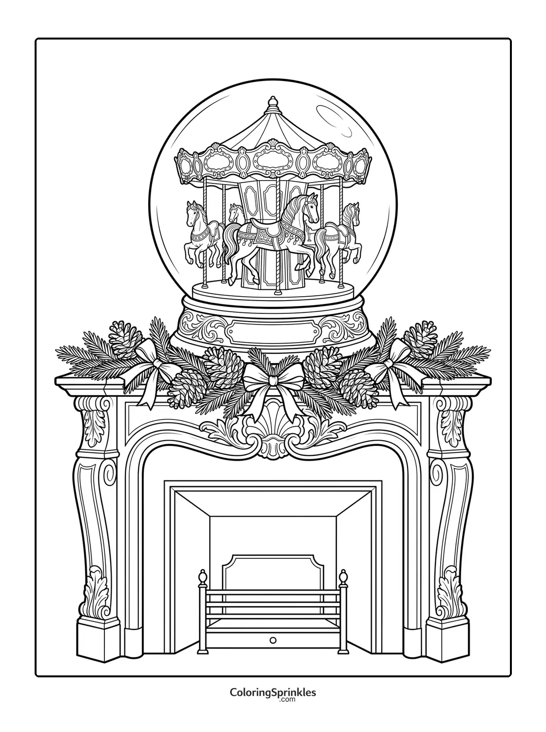 Coloring page of a snow globe with a carousel on a decorated fireplace mantel
