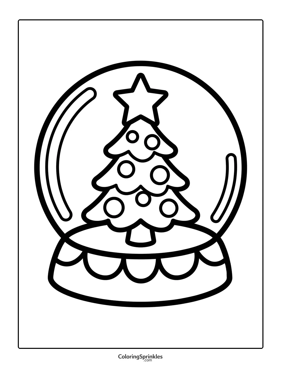 Coloring page of a snow globe with a decorated Christmas tree and star