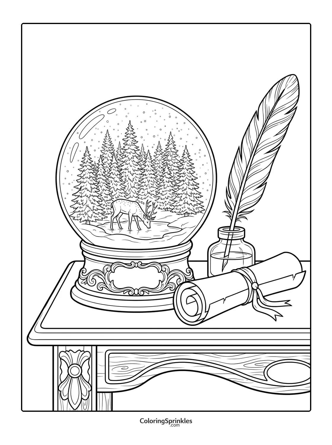 Coloring page of a snow globe with a deer in a forest beside a quill and scroll on a table