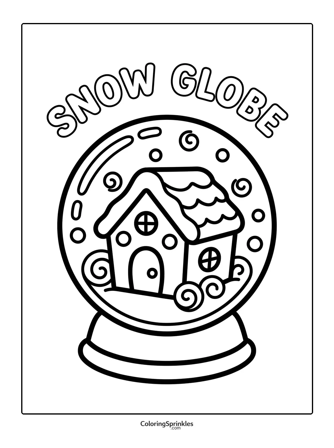 Coloring page of a snow globe with a house inside