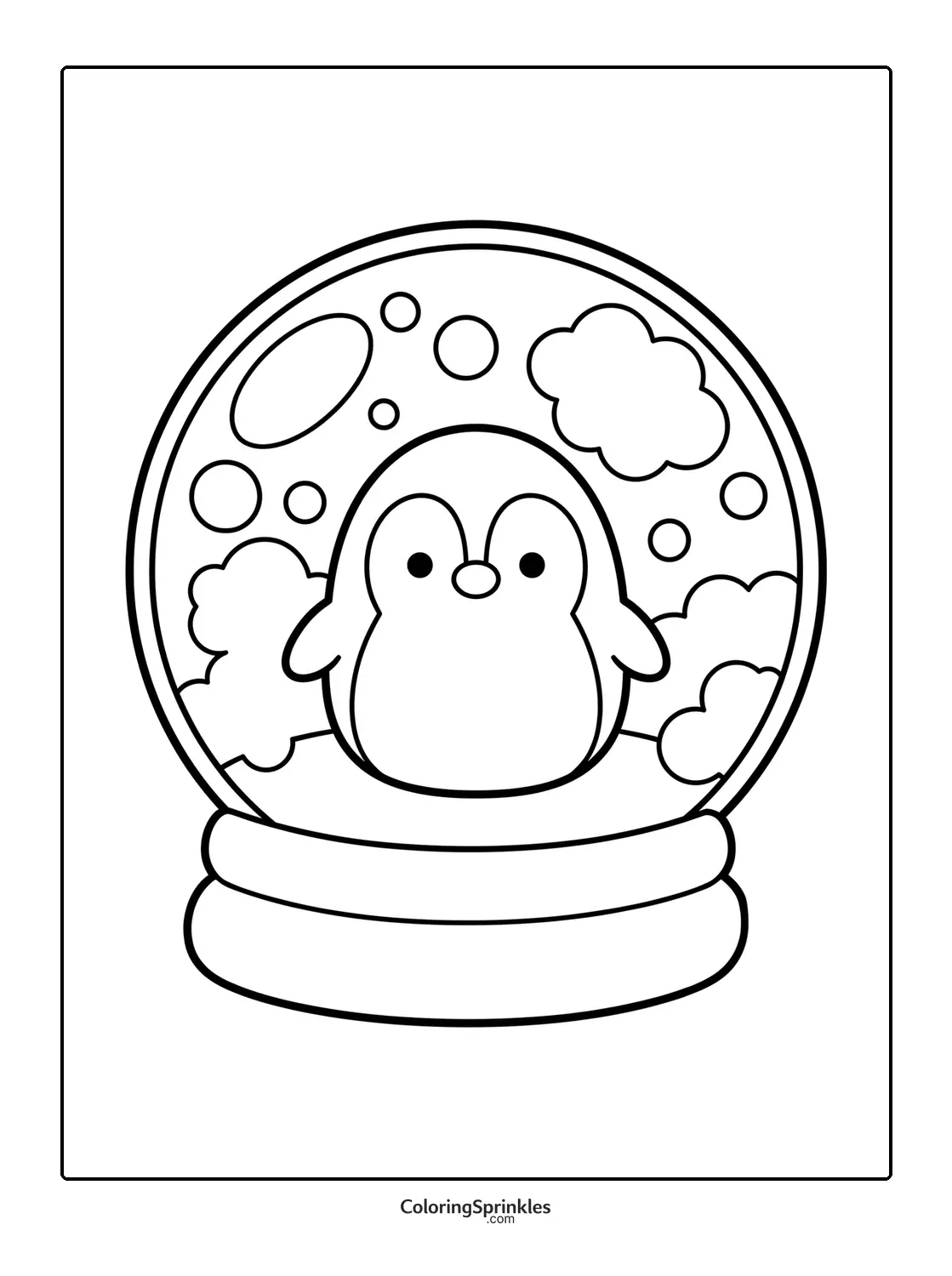 Coloring page of a penguin inside a snow globe with clouds