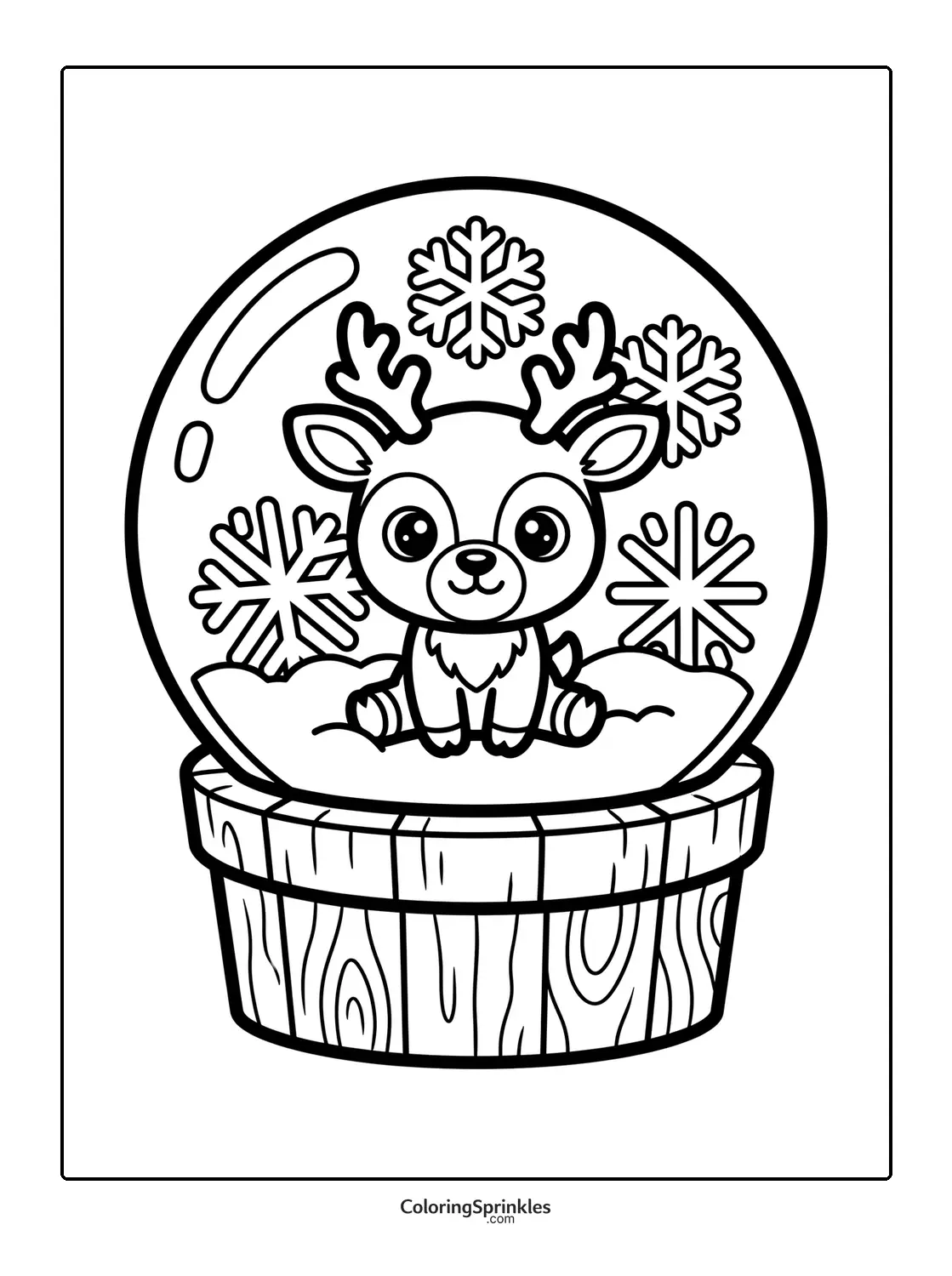 Coloring page of a snow globe with a cute reindeer and snowflakes on a wooden base