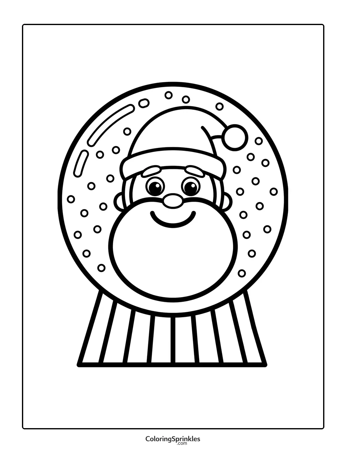 Coloring page of a snow globe with a smiling Santa face inside