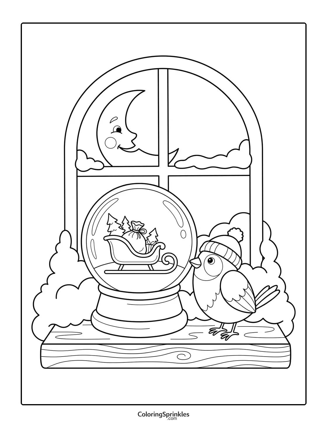 Coloring page of a snow globe with a sleigh and a bird by a window with a moon