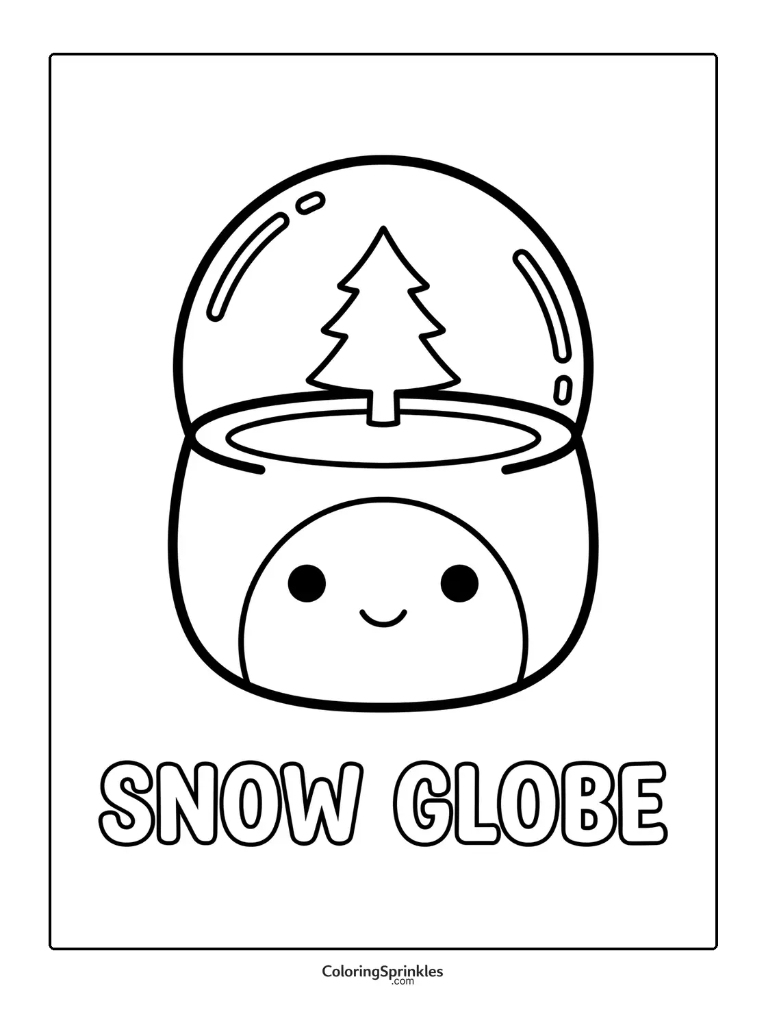 Coloring page of a snow globe with a smiling face and a tree inside