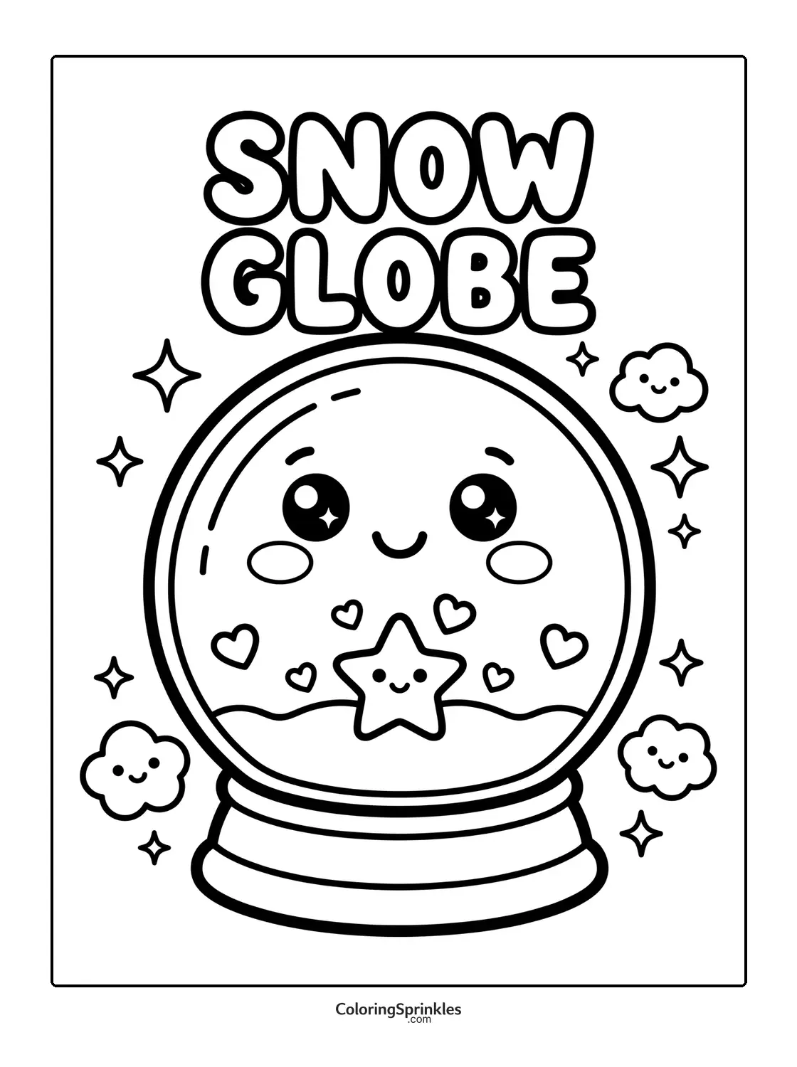 Coloring page of a snow globe with a smiling star and hearts inside