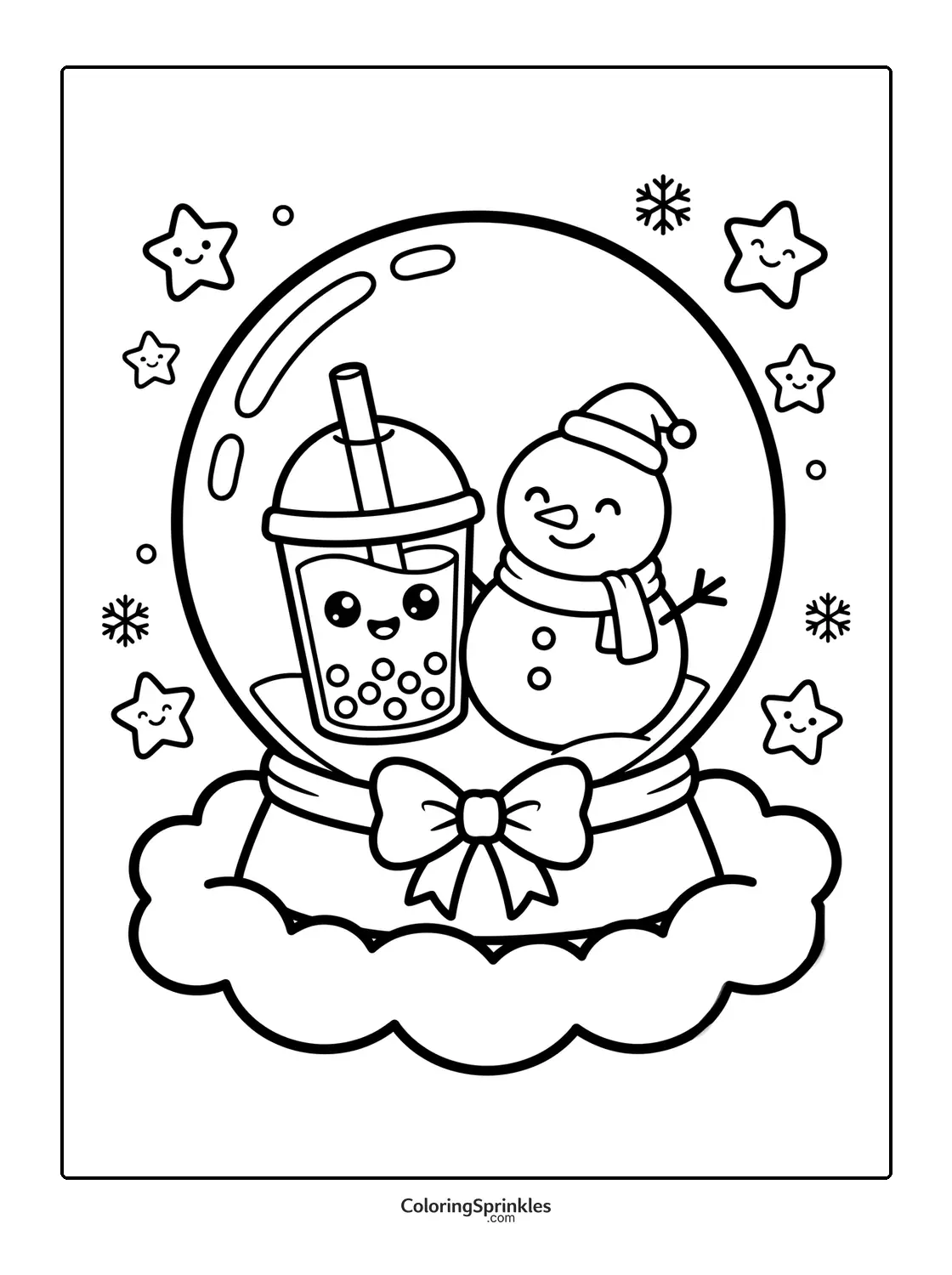 Coloring page of a snow globe with a snowman and a bubble tea cup surrounded by stars