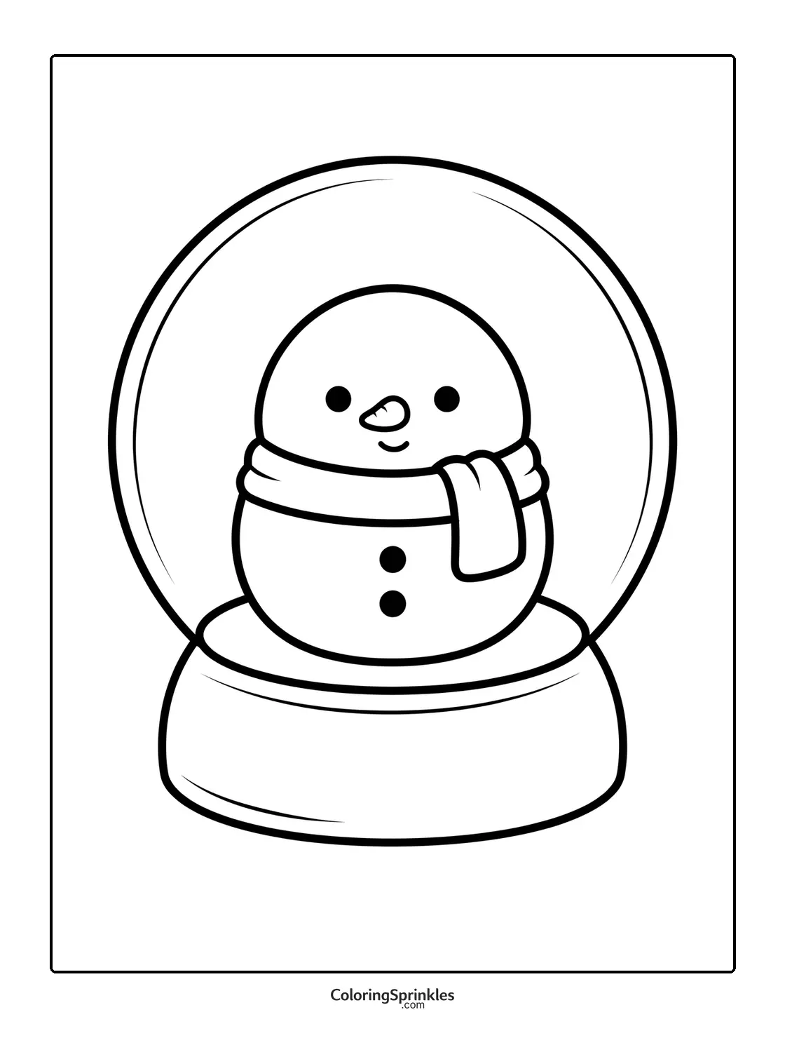 Coloring page of a snow globe with a snowman wearing a scarf