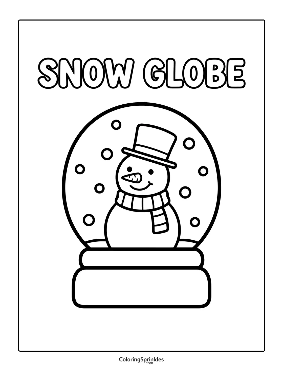 Coloring page of a snow globe with a snowman wearing a top hat and scarf
