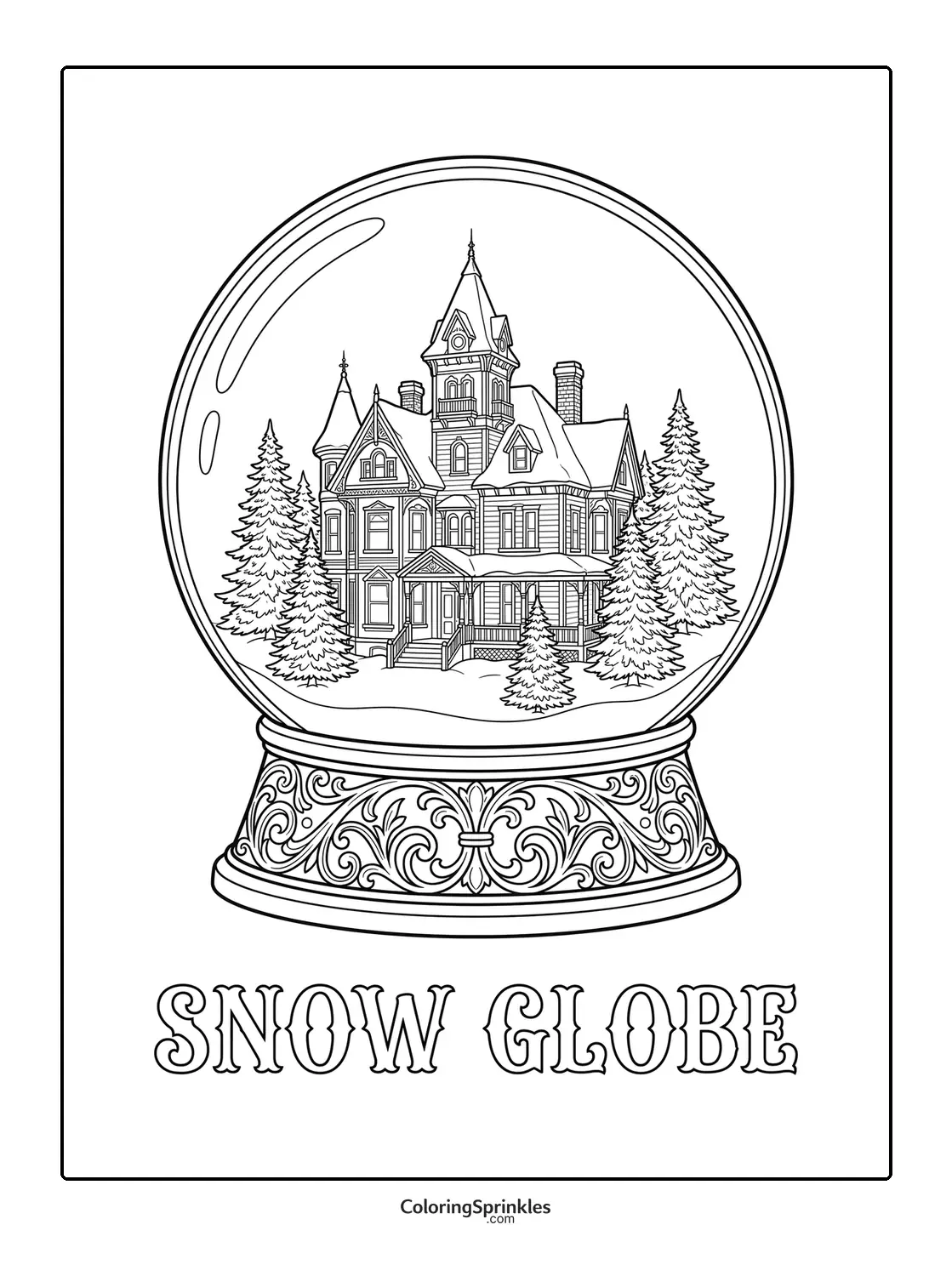 Coloring page of a snow globe with a Victorian house and pine trees