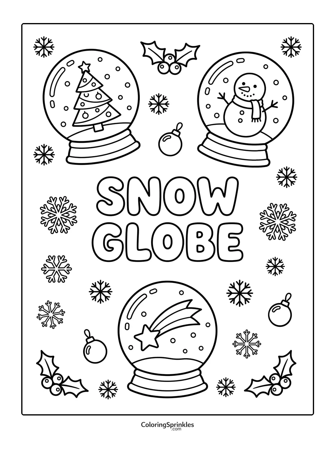 Coloring page of snow globes with a Christmas tree, snowman, and shooting star