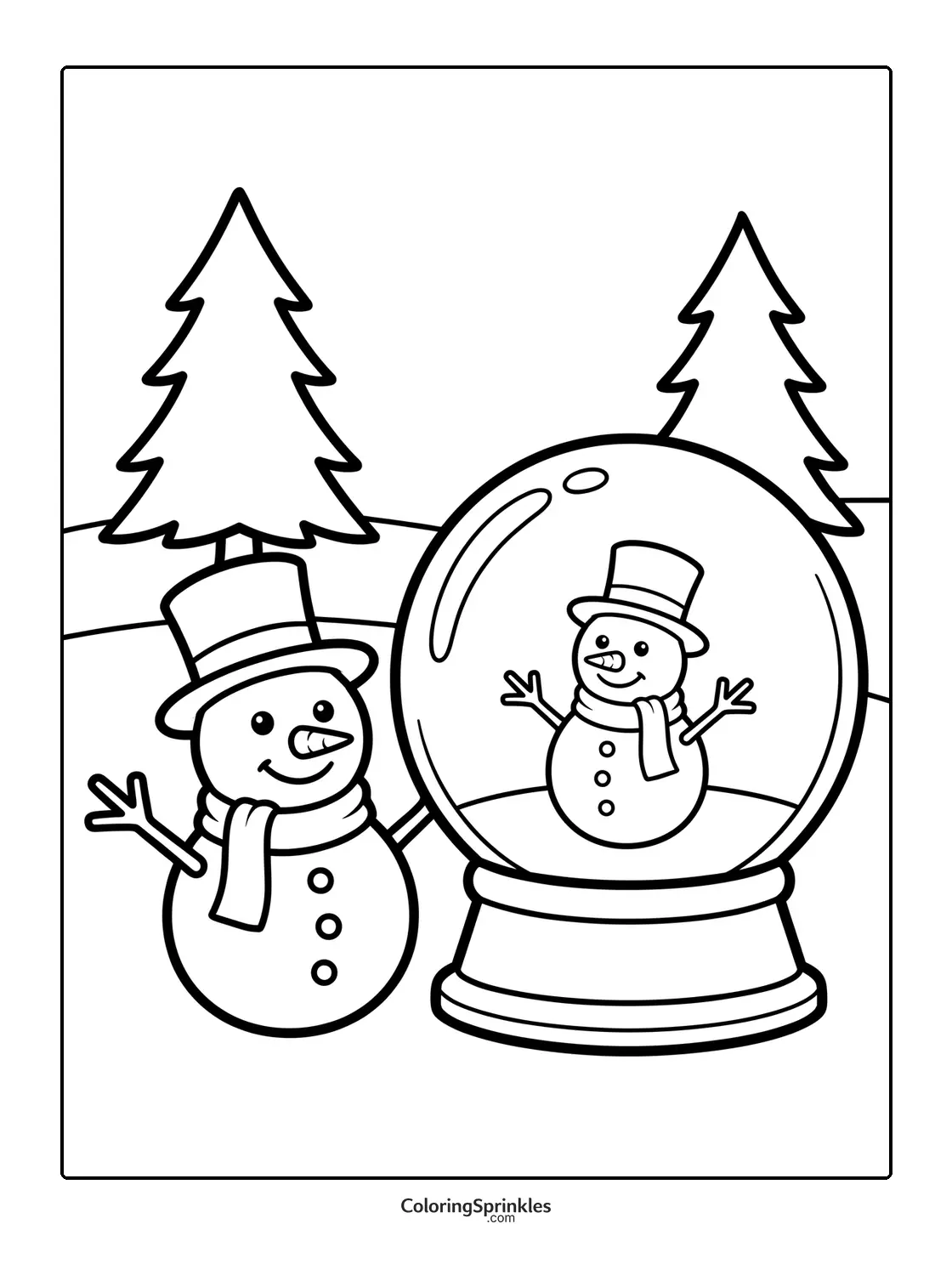 Coloring page of a snowman next to a snow globe with a snowman inside and pine trees
