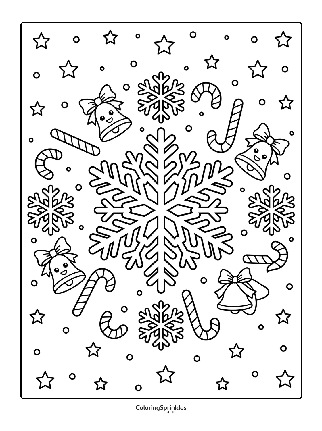 Coloring page of a large snowflake surrounded by bells, candy canes, and stars