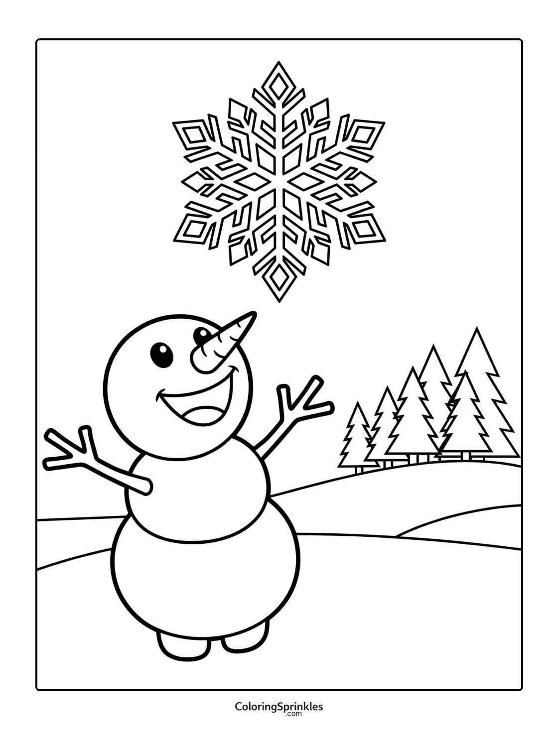 Coloring page of a happy snowman with a large snowflake and pine trees on snowy hills