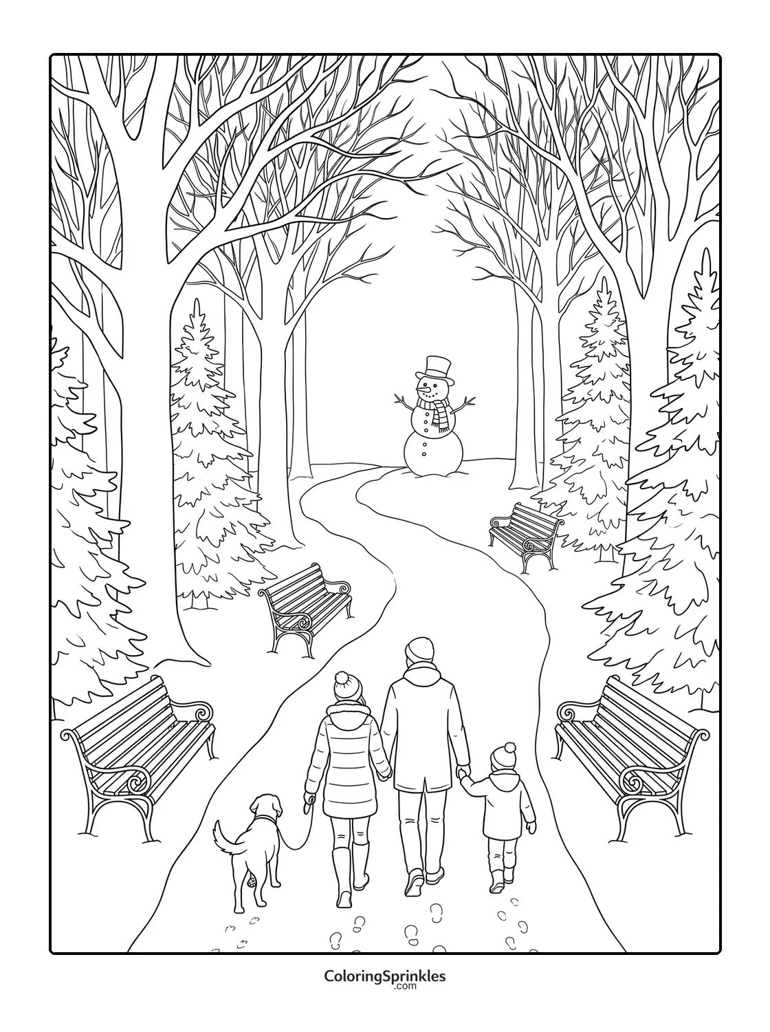 Coloring page of a family walking in a park with a dog and a snowman
