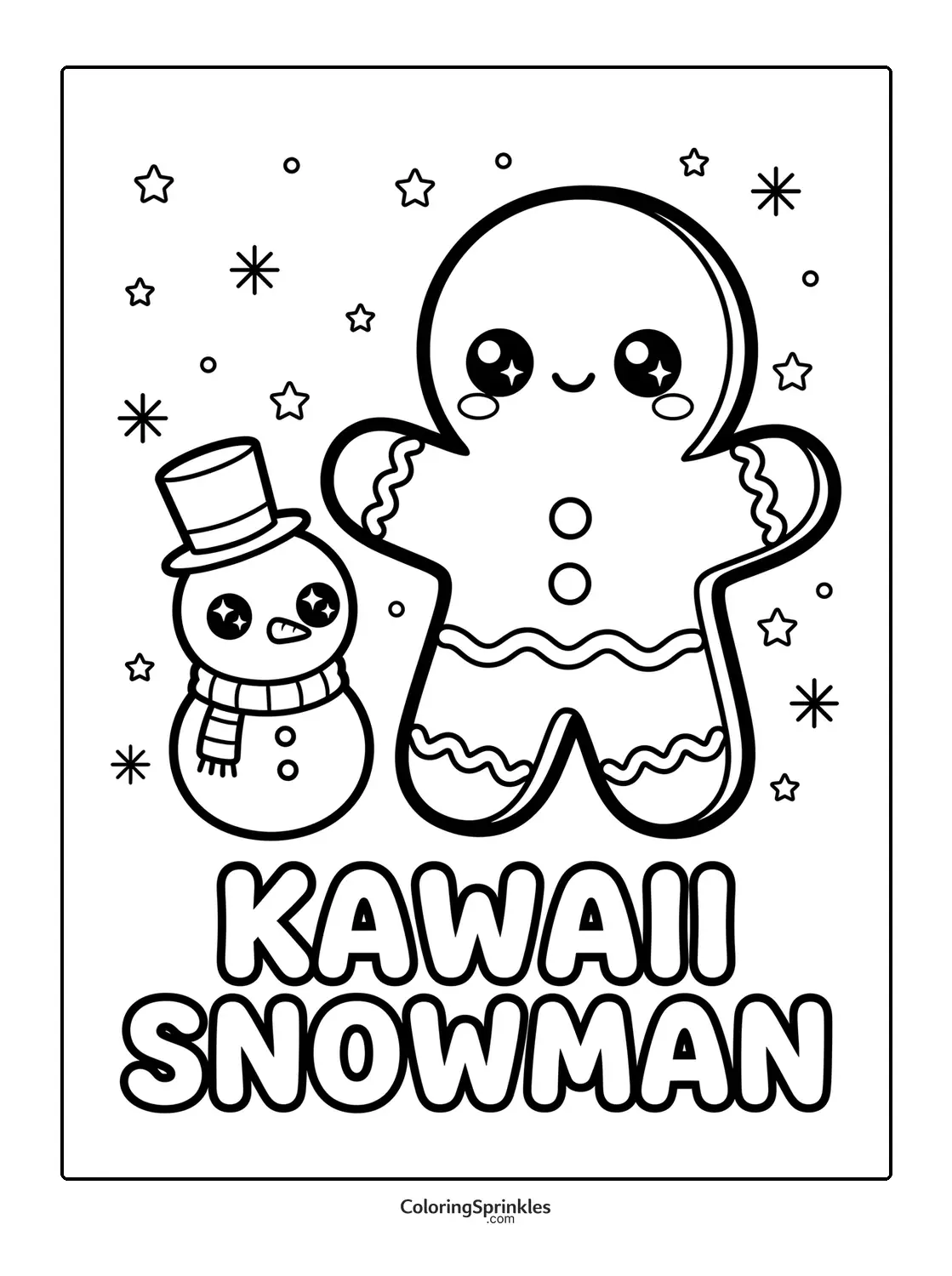 Coloring page of a kawaii snowman and gingerbread cookie with stars