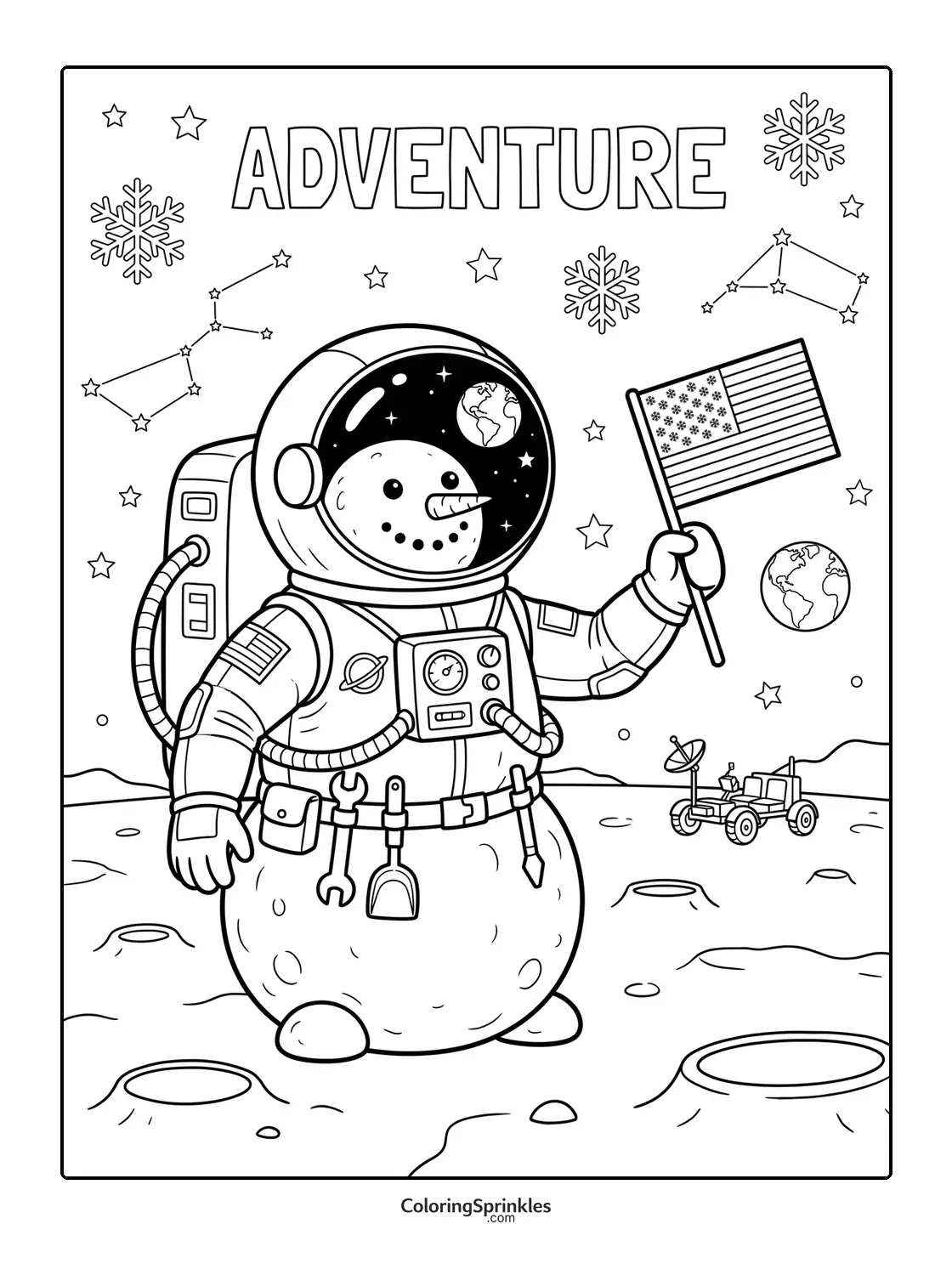 Coloring page of a snowman astronaut on the moon holding a flag