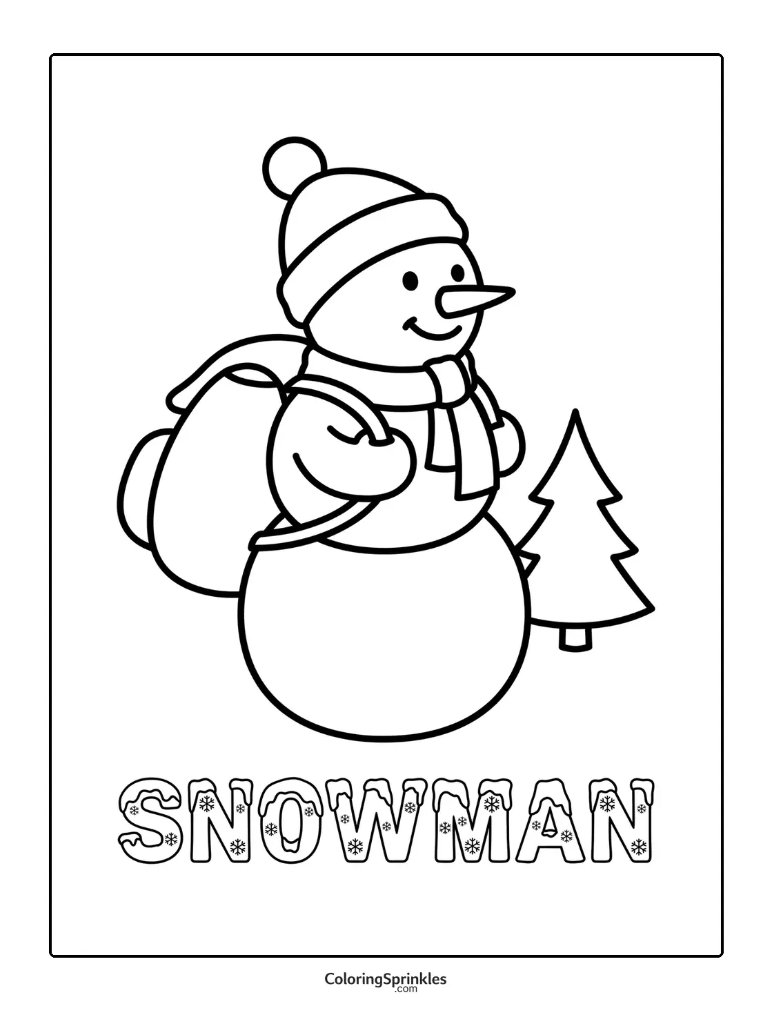 Coloring page of a snowman wearing a backpack and scarf next to a pine tree