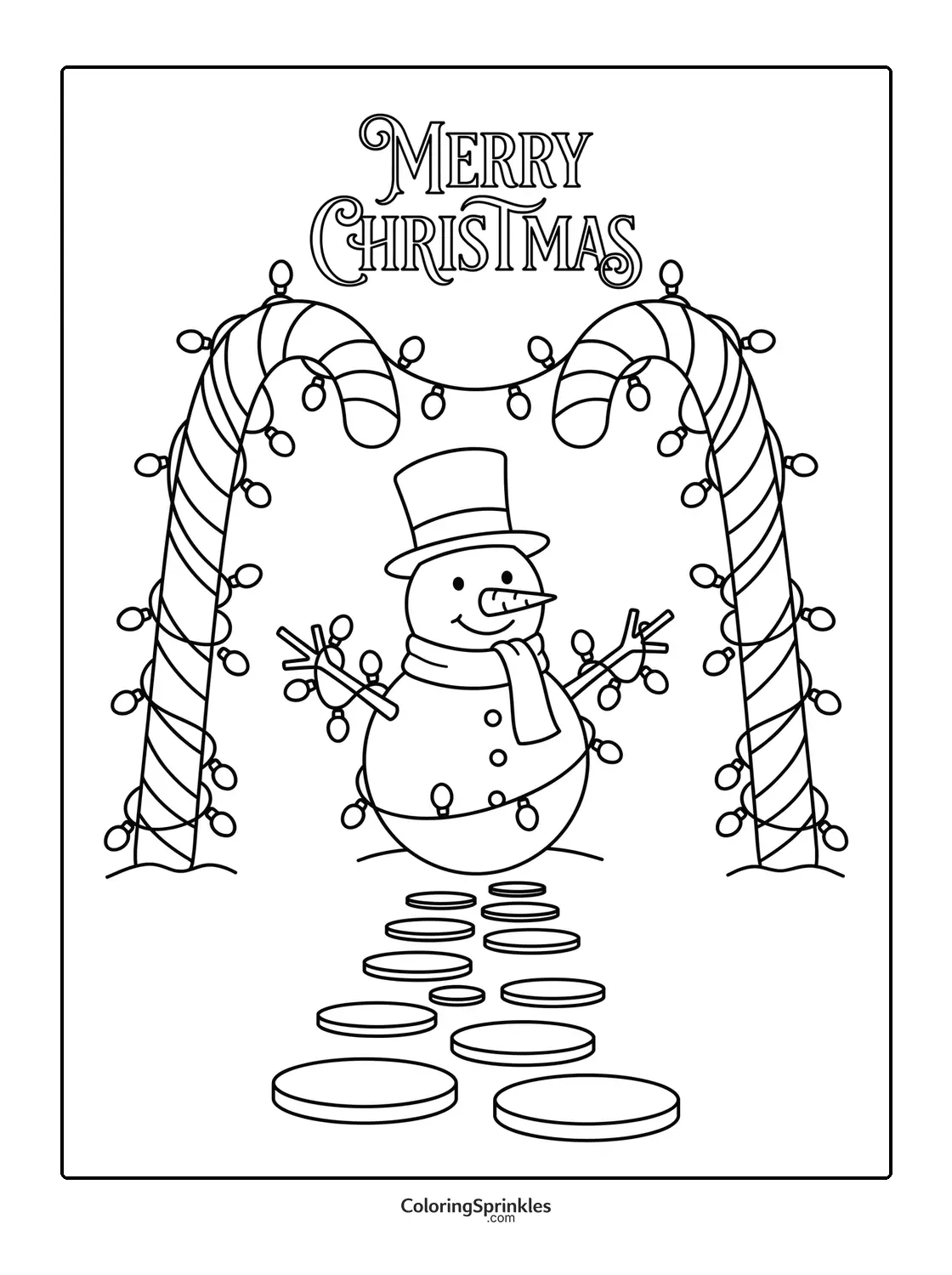Coloring page of a snowman with Christmas lights between candy canes and a stepping stone path