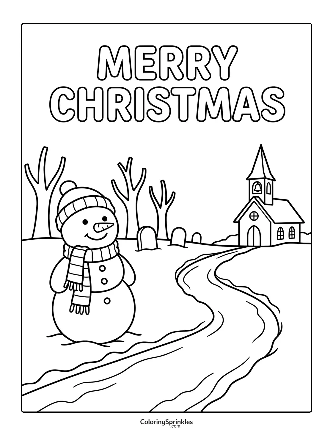 Coloring page of a snowman near a church and graveyard with Merry Christmas text
