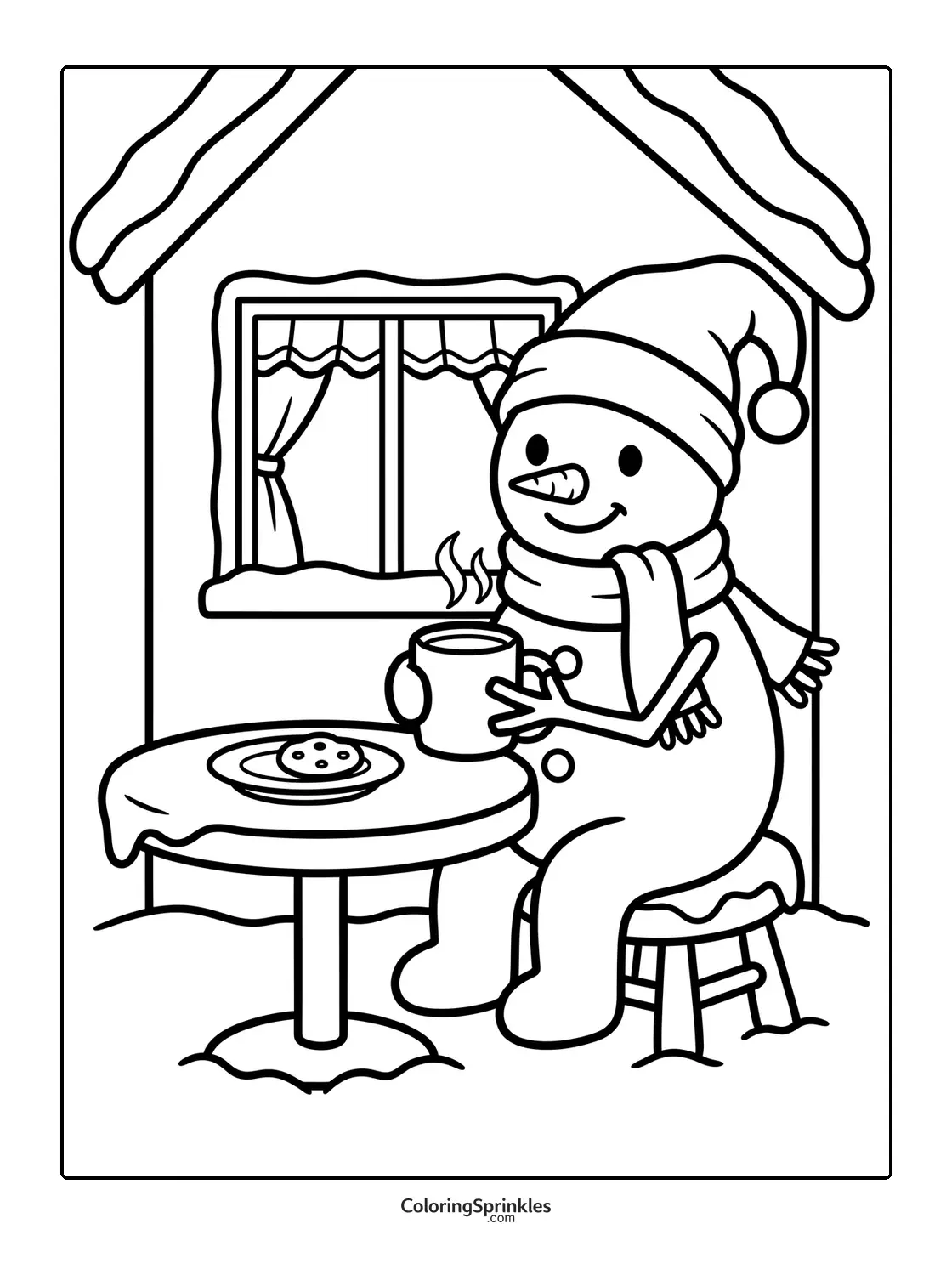 Coloring page of a snowman drinking a hot beverage at an outdoor table