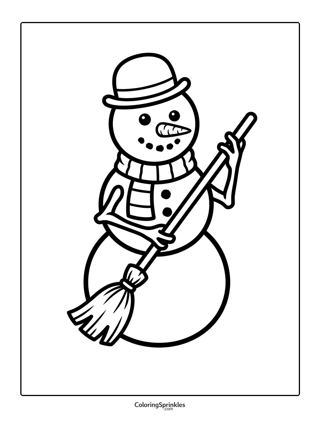 Coloring page of a snowman wearing a hat and scarf holding a broom