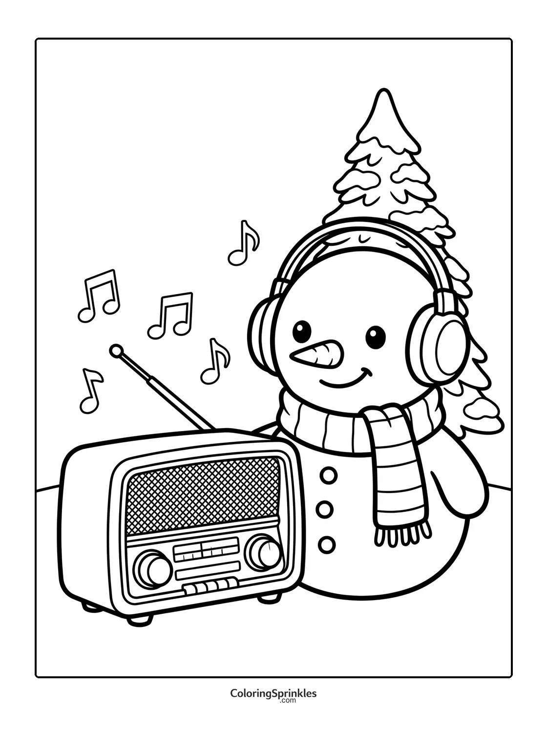 Coloring page of a snowman wearing headphones listening to a radio near a snowy tree