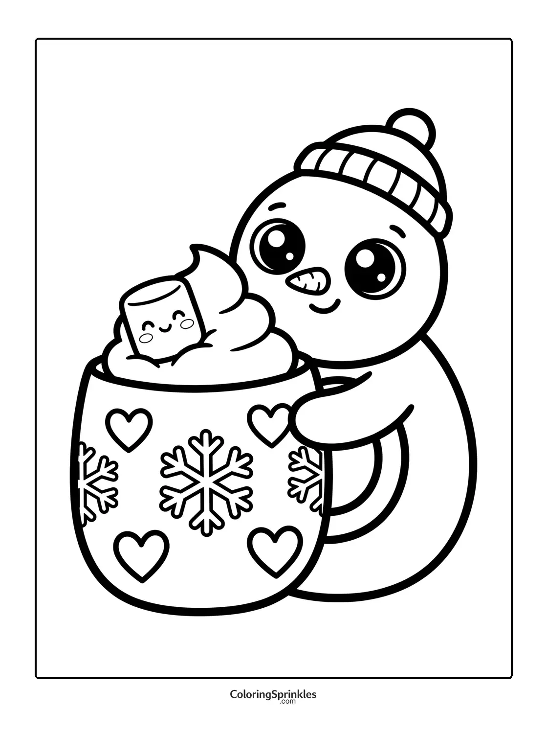 Coloring page of a snowman holding a mug of hot chocolate with whipped cream and a smiling marshmallow