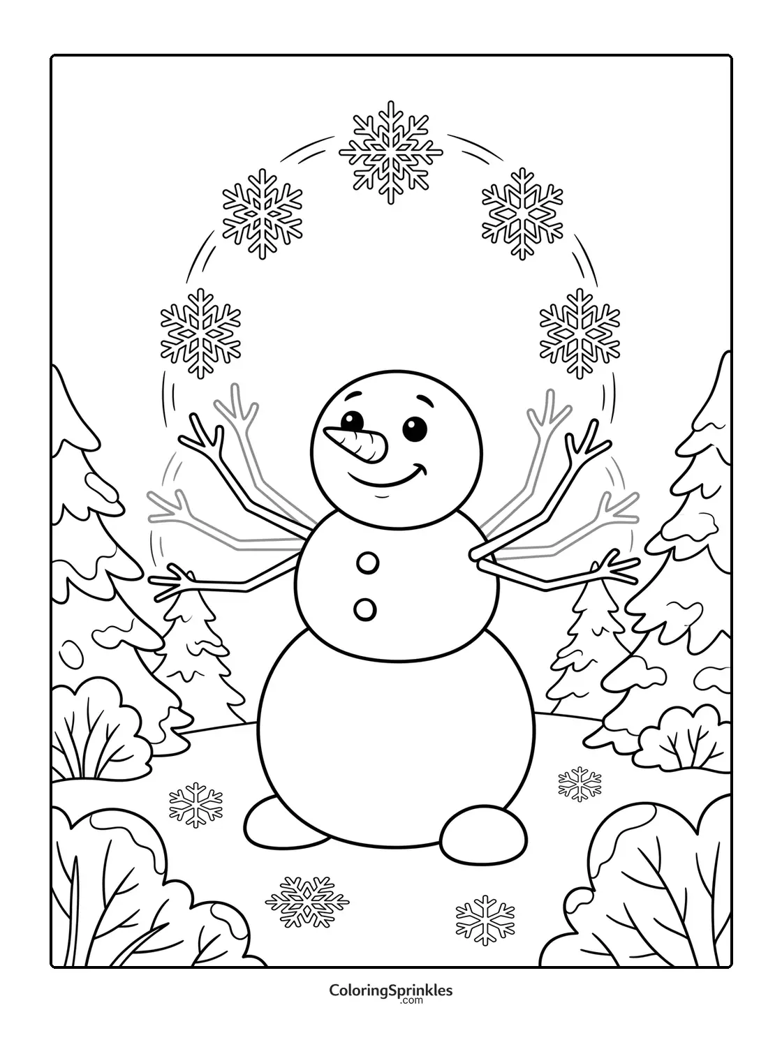 Coloring page of a snowman juggling snowflakes in a winter forest