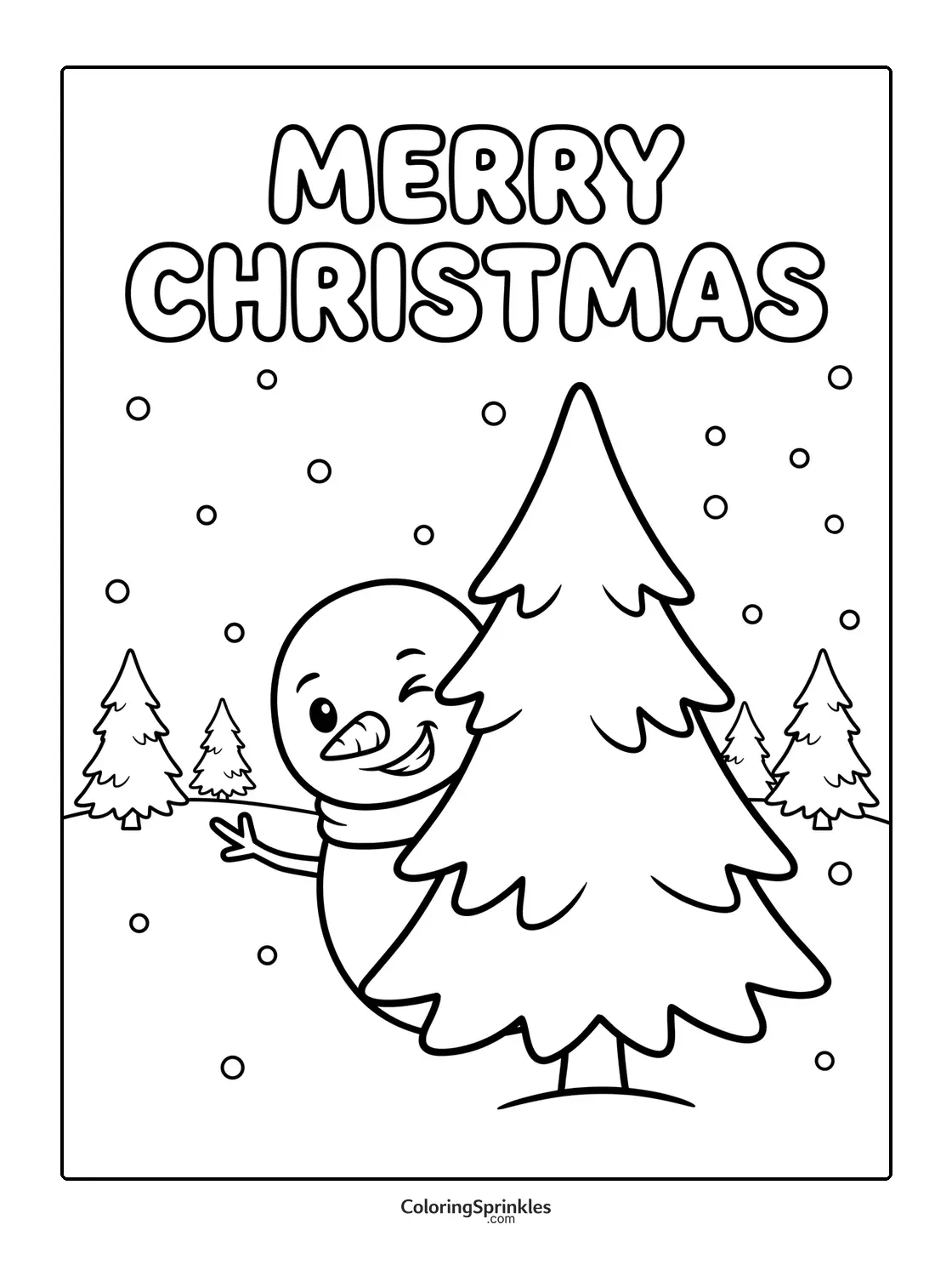 Coloring page of a snowman peeking from behind a Christmas tree in winter