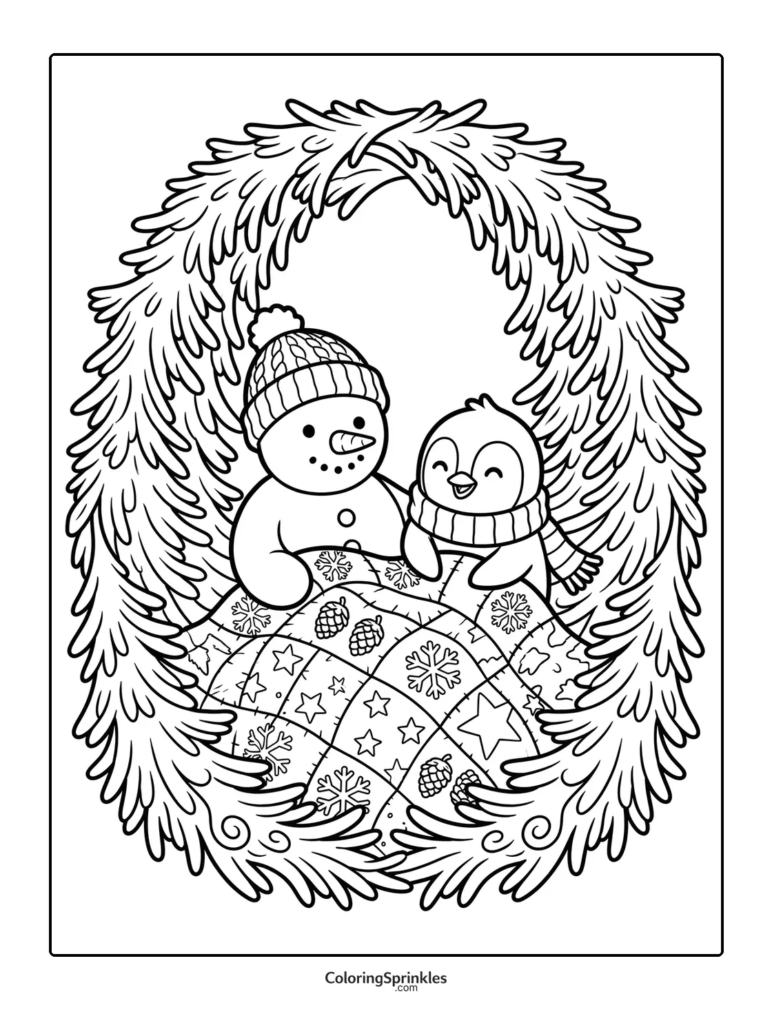 Coloring page of a snowman and penguin wrapped in a blanket inside a wreath