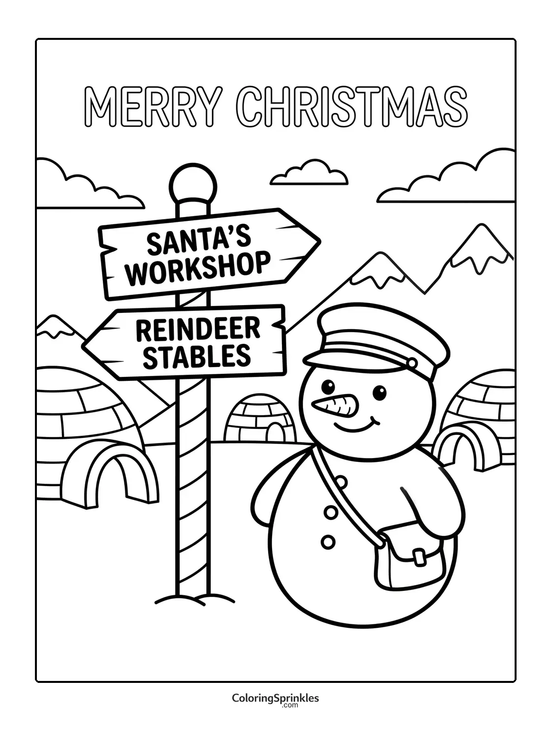 Coloring page of a snowman standing near a post with signs pointing to Santa's workshop and reindeer stables