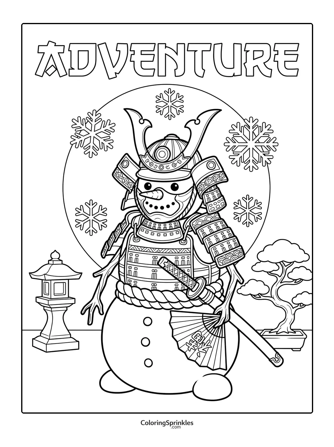 Coloring page of a snowman dressed as a samurai with armor, fan, and sword