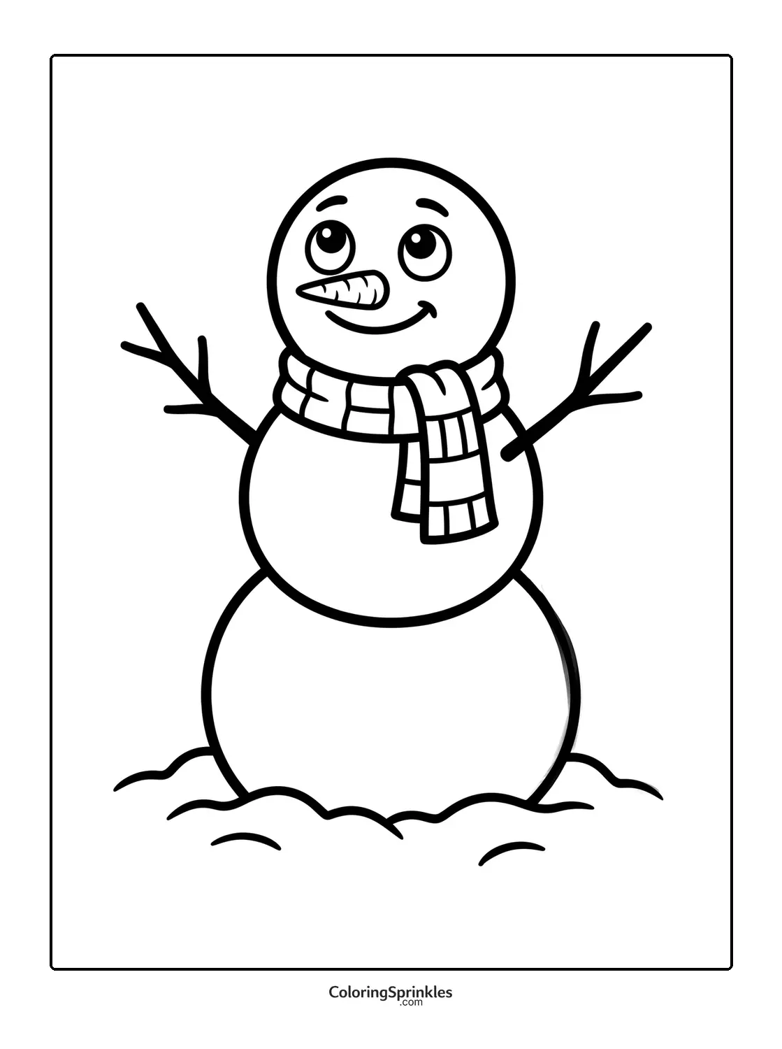 Coloring page of a snowman with a scarf and carrot nose on snowy ground