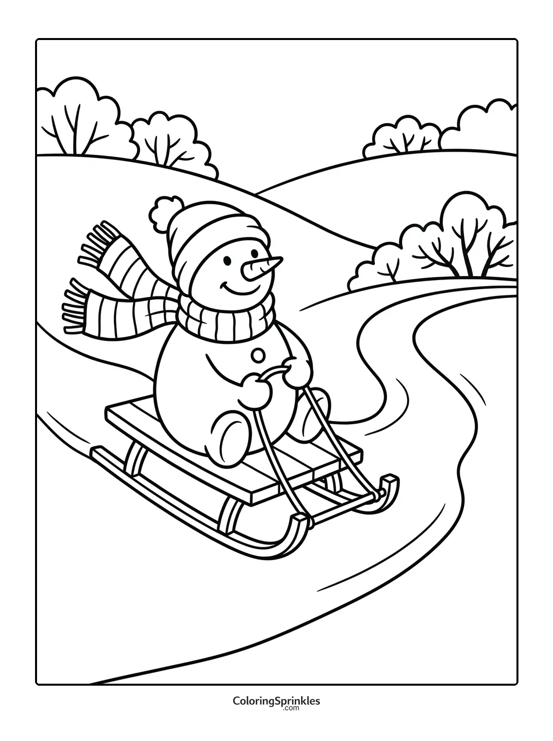 Coloring page of a snowman sledding down winter hills