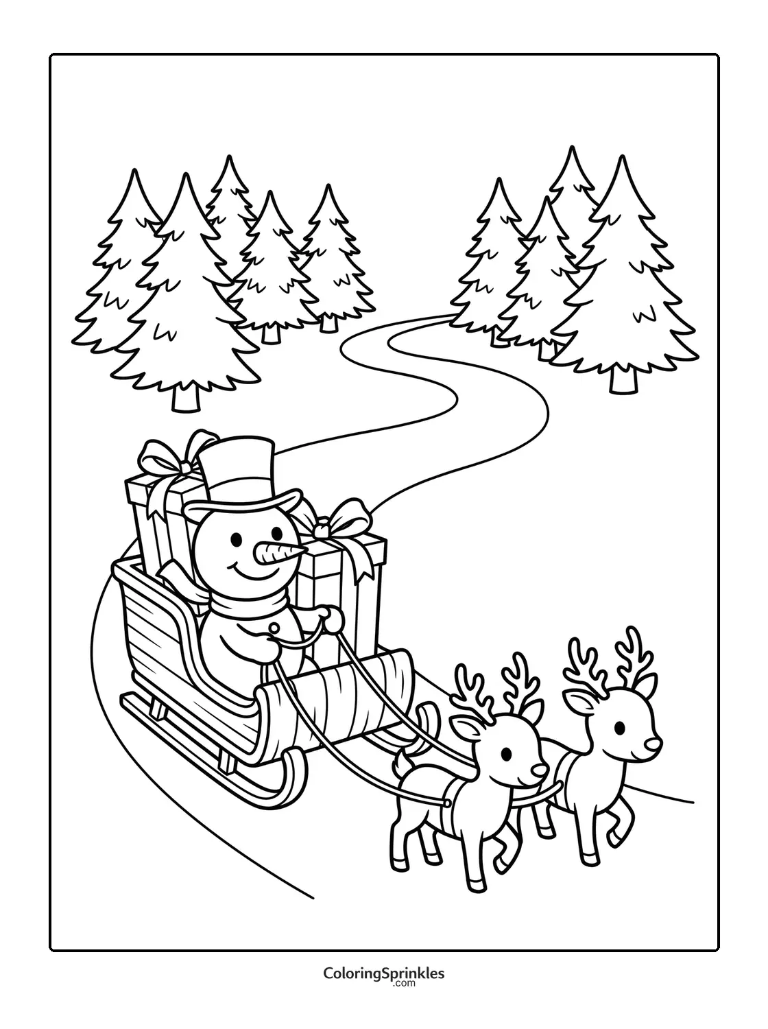 Coloring page of a snowman riding a sleigh pulled by reindeer with gifts and pine trees