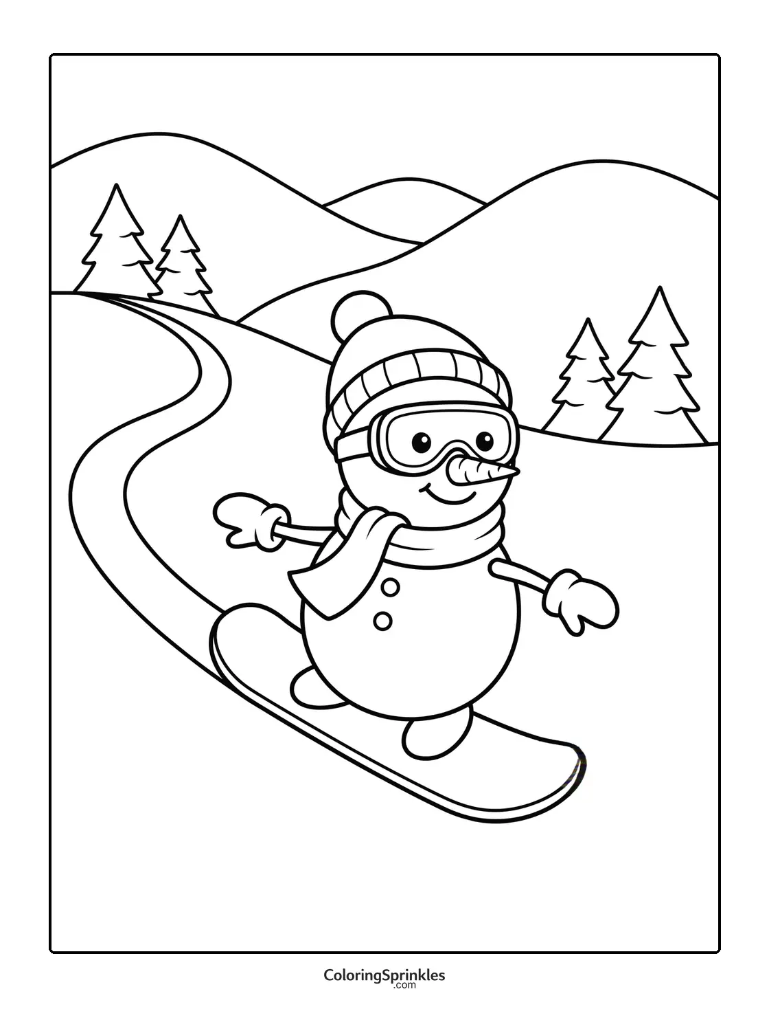 Coloring page of a snowman snowboarding down a hill with trees