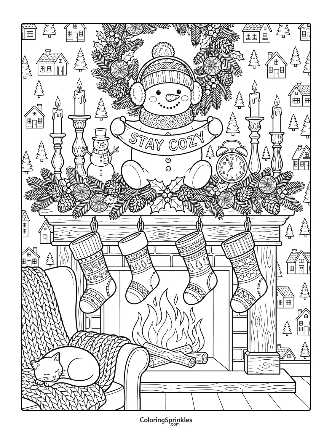 Coloring page of a snowman holding a stay cozy banner above a fireplace with stockings and a sleeping cat
