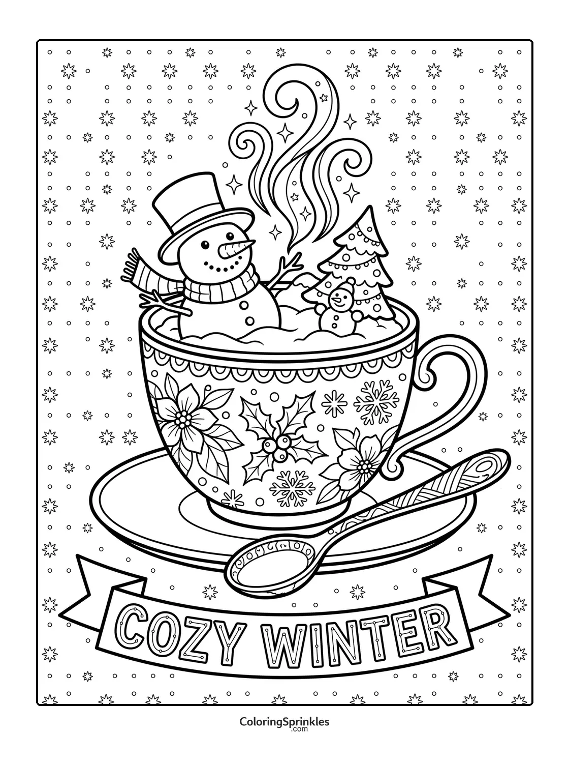 Coloring page of a snowman in a decorated teacup with winter elements