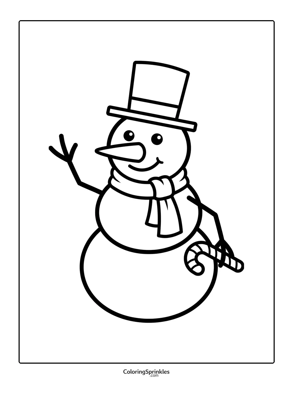 Coloring page of a snowman wearing a top hat and scarf holding a candy cane