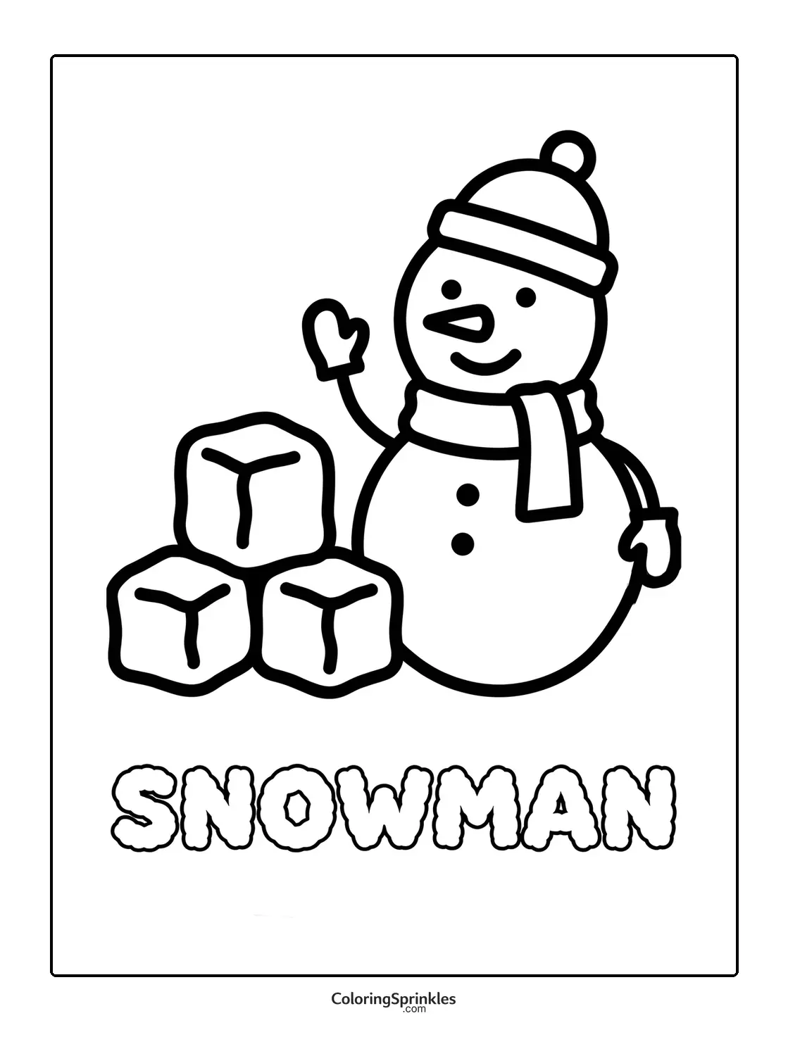 Coloring page of a snowman waving next to ice cubes