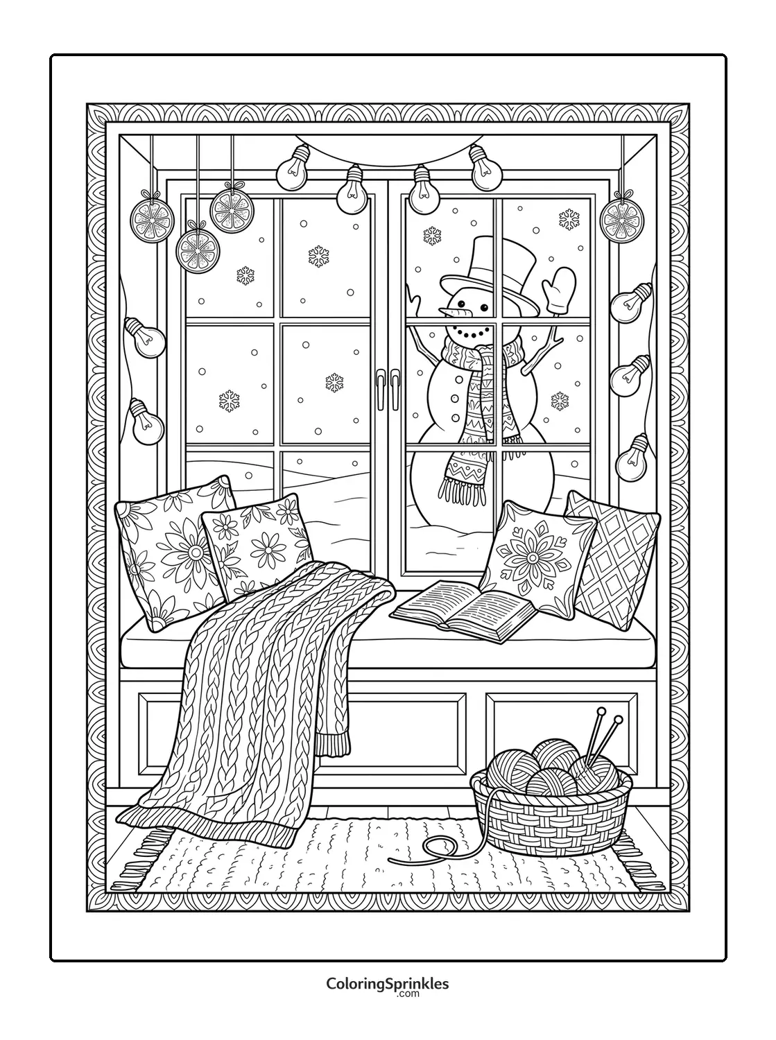 Coloring page of a snowman outside a window with a cozy reading nook and knitting basket inside