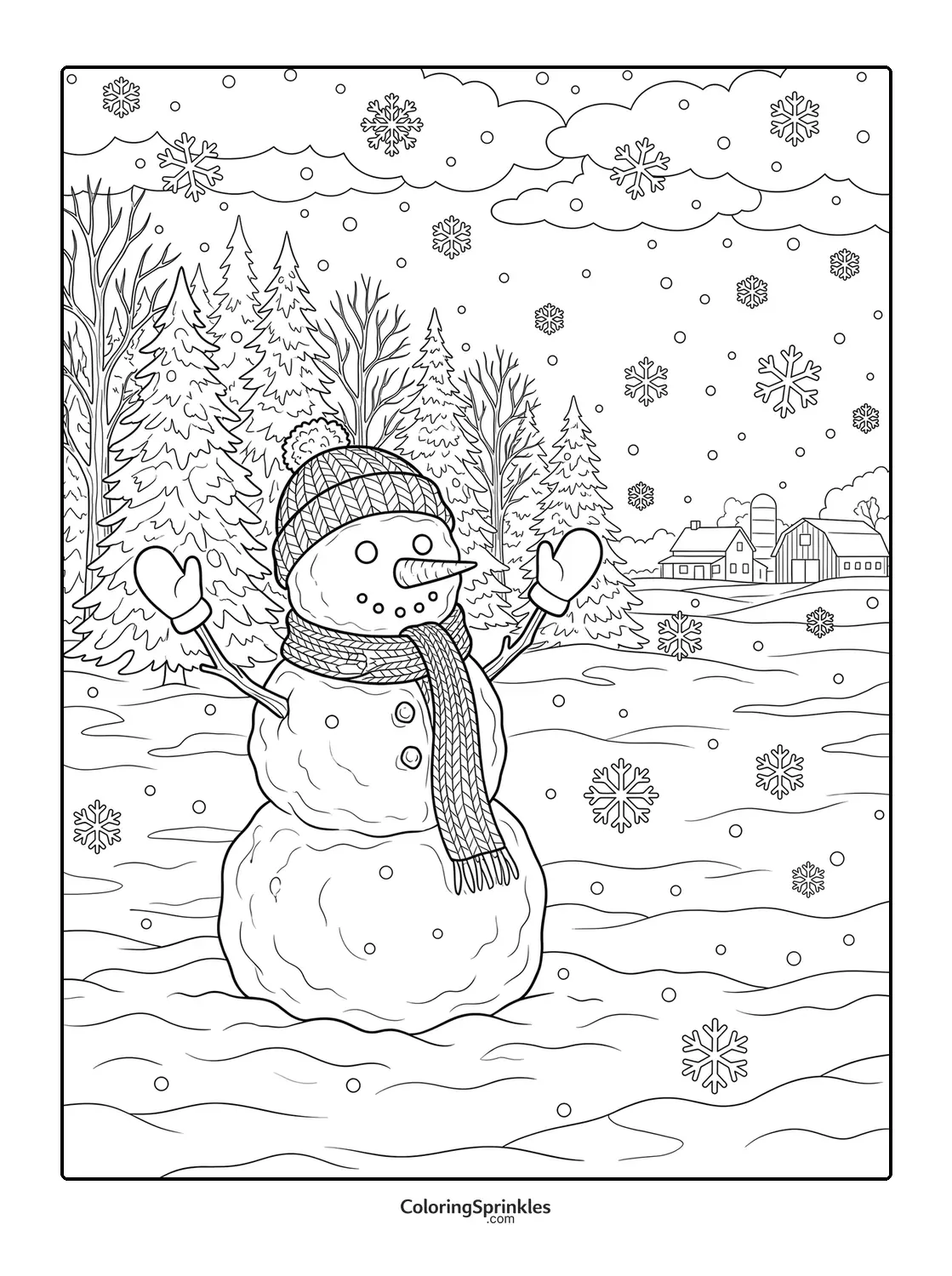 Coloring page of a snowman in a winter forest with a farm in the background