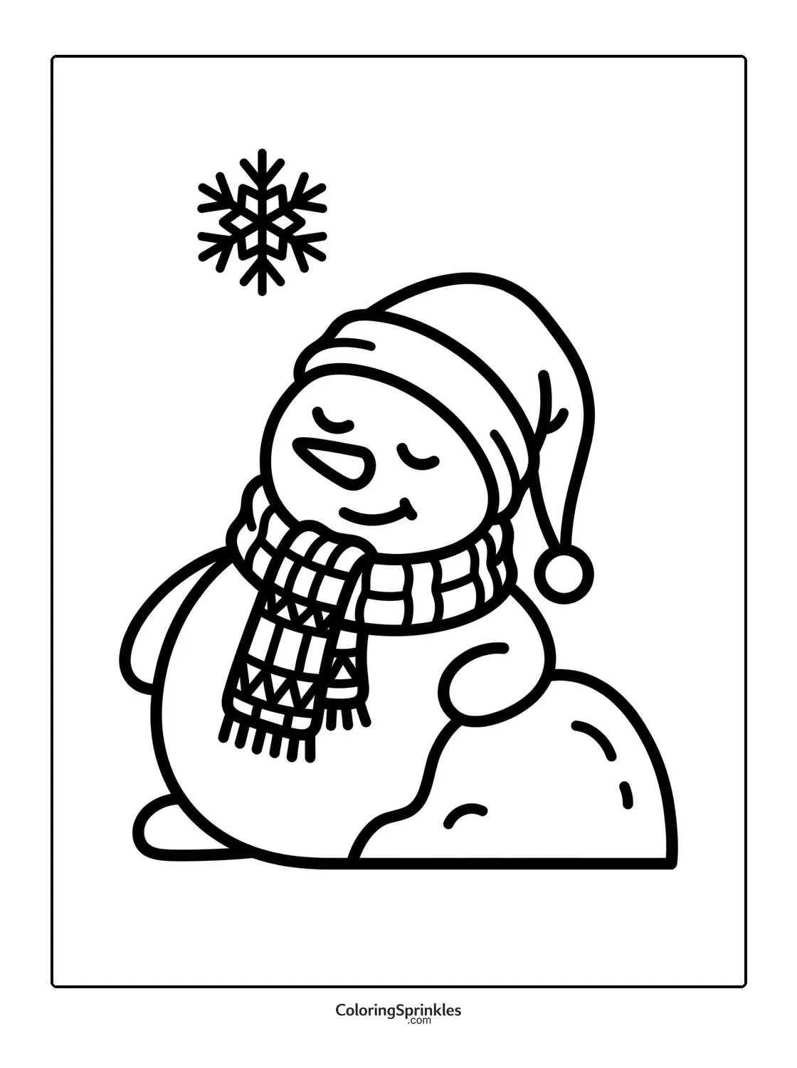 Coloring page of a snowman wearing a winter hat and scarf with a snowflake