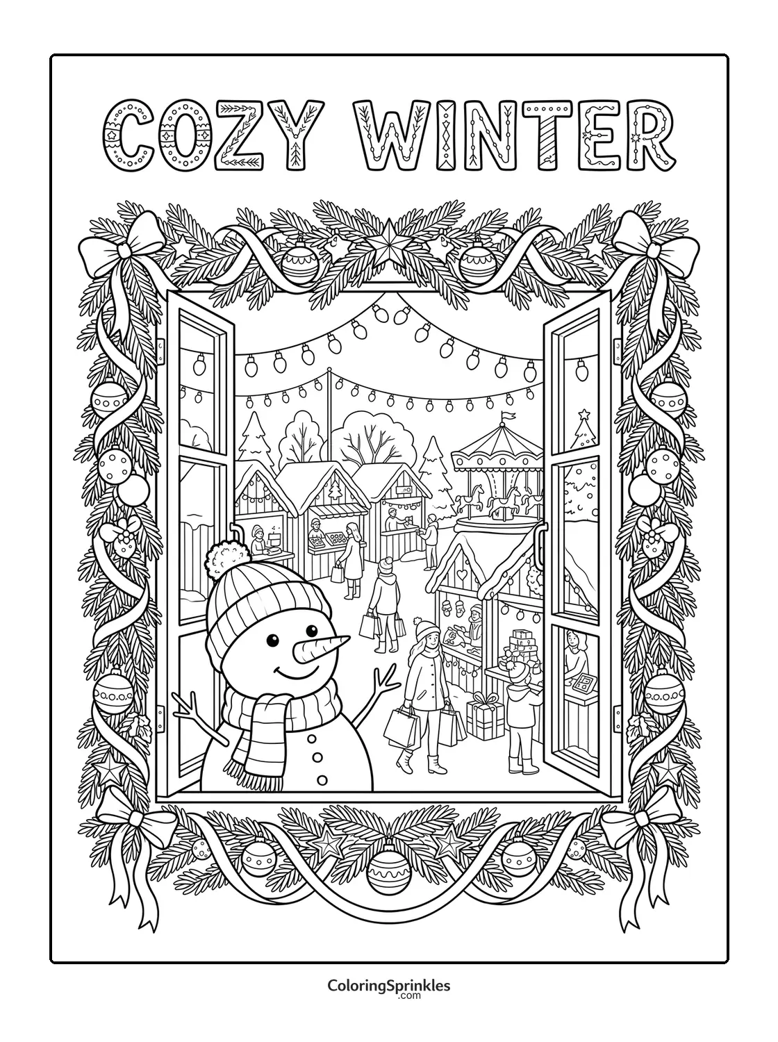 Coloring page of a snowman looking out a window at a winter holiday market