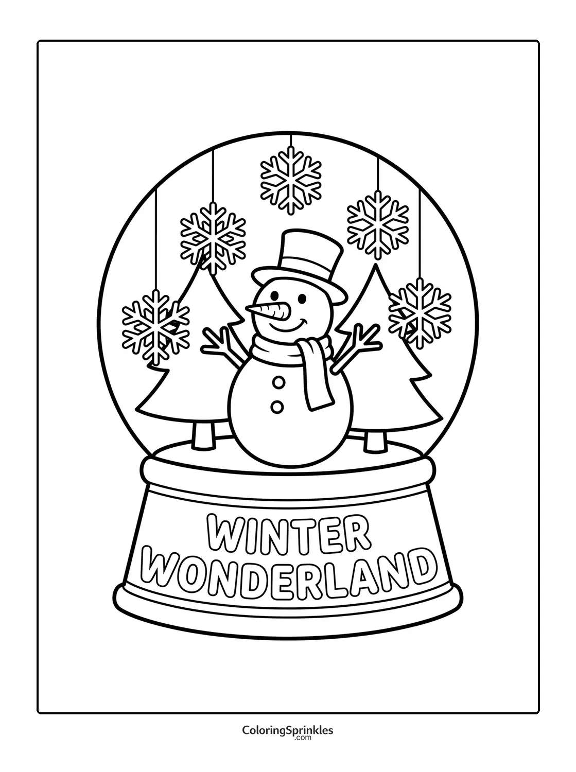 Coloring page of a snowman inside a winter wonderland snow globe