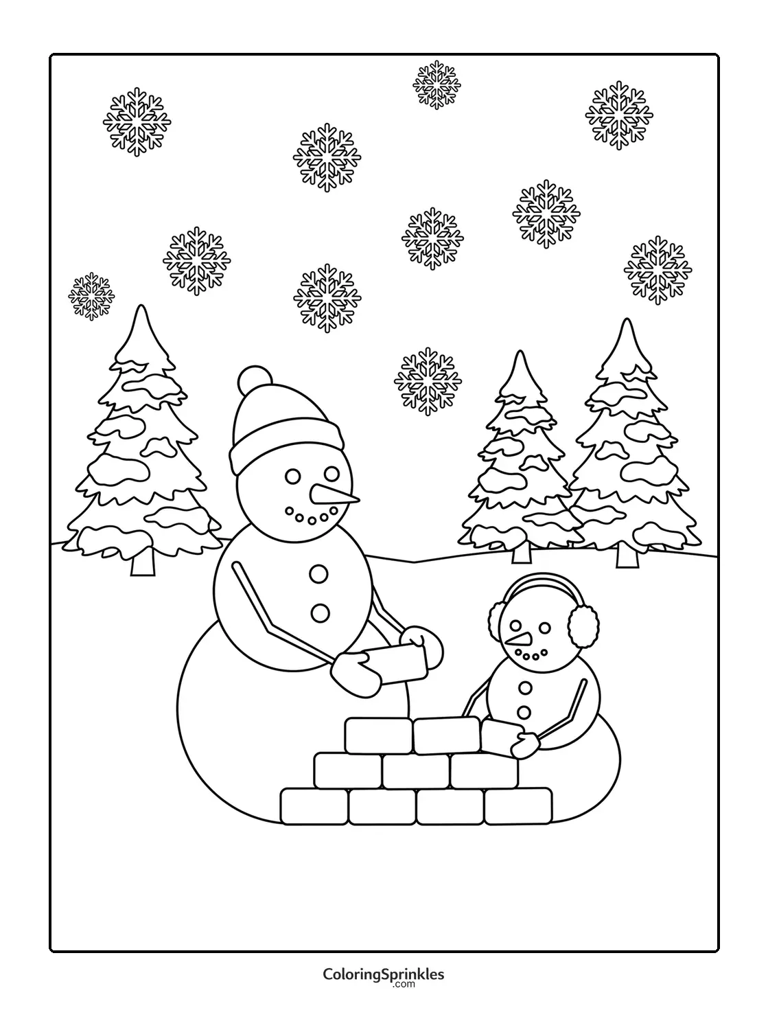 Coloring page of two snowmen building a wall with snowflakes and pine trees