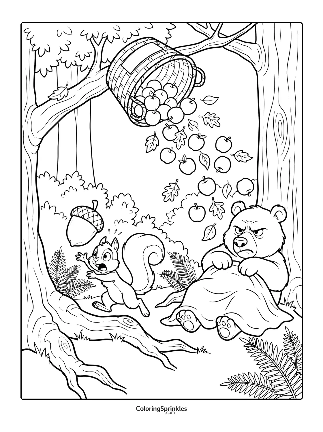 Coloring page of an angry bear sitting with a blanket and a squirrel reaching for a falling acorn under a basket of apples in a forest